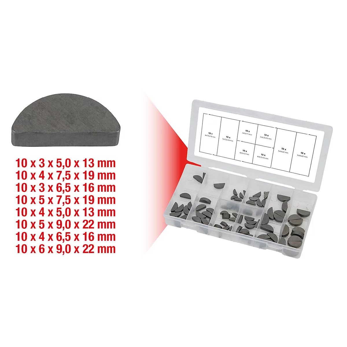 Halbmondförmige Passfedern in einer transparenten Box, daneben Größenangaben.